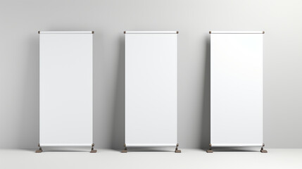 Front view of a white roll-up banner stand mockup, isolated against a plain background, ideal for showcasing advertising designs and presentations.