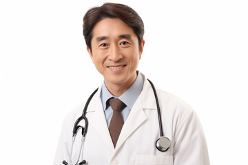 Fototapeta premium Asian smiling doctor on a white background. World of Medicine. Personal care profession. Medical studies. Asian doctor. China. Japan. Images for graphic designers. Image for communication. AI. 