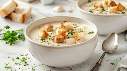 sour cream and onion soup topped with golden croutons in a white bowl against a serene light...