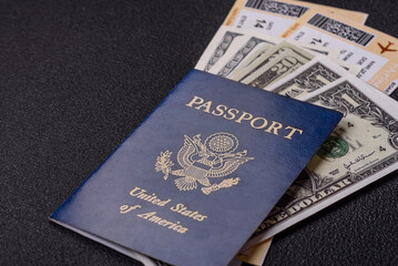 United States of America passport, airline tickets and money