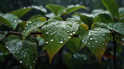 Background with leaves with rain drops