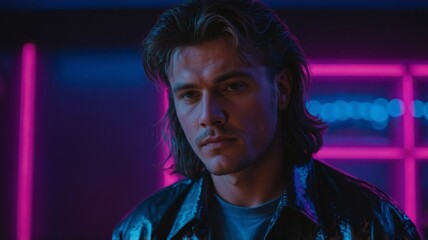 Man with mullet haircut and 80s style clothes, room with purple neon lights in the background, nostalgia concept.