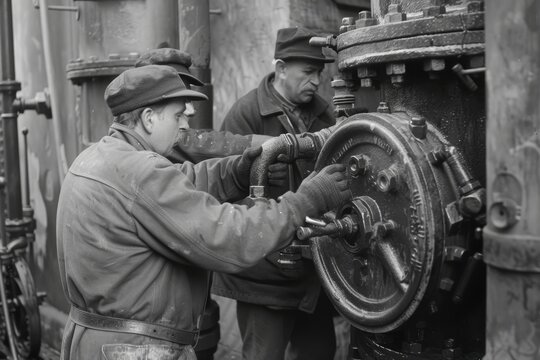 Early 20th Century Plumbers Working on City Water System - Black and White Historical Photograph