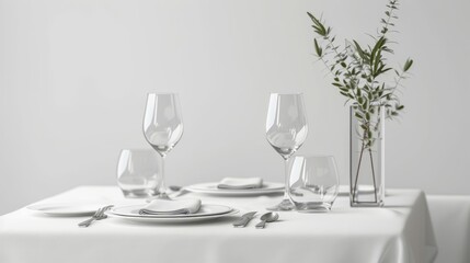 Luxury restaurant table setting with exclusive glassware and menu card mockup, staged on a clean white background