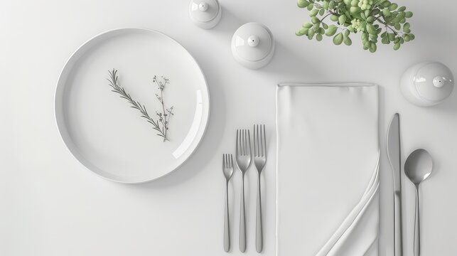 Prestigious restaurant table setup with high-quality utensils and menu card mockup, placed on a bright white background