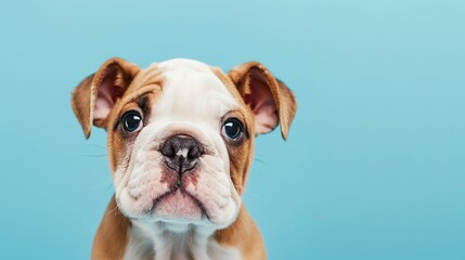 Fototapeta premium A cute Bulldog puppy on a solid pastel blue background with space above for text