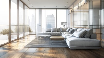 Modern living room design with transparent furniture, mixing realistic elements with wireframe sketches, showcasing contemporary interior architecture