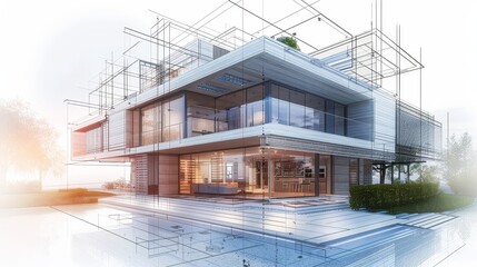 Modern residential building blueprint overlaying a detailed house model, combining realistic textures with wireframe lines, abstract architectural render