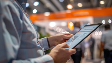 Representative at Trade Show Booth Interacting with Touchscreen Display