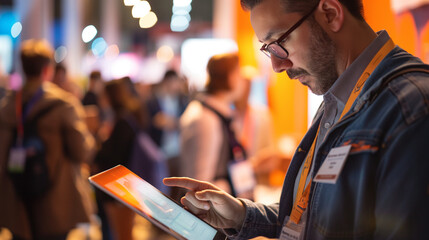 Representative at Trade Show Booth Interacting with Touchscreen Display