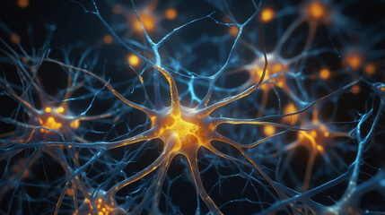 network of active neural cells with glowing connections, captured under a microscope.