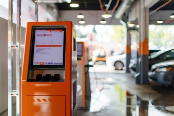 Customer Feedback Station at Car Wash with Happy Reviews on Touchscreen Kiosk - Automotive Service Feedback
