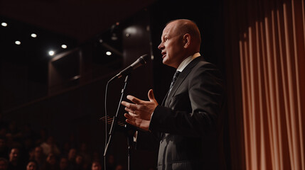  elegant bald man in his fifties, dressed in formal attire giving a speech at a corporate event on stage with a microphone and audience