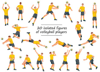 Team of 20 volleyball players isolated figures in yellow T-shirts running, jumping, catching, throwing the ball on white background