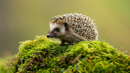 Fototapeta premium A wild hedgehog is seen on green moss. It's part of a study to track the health and population of this mammal, whose scientific name is Erinaceus europaeus.