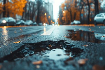 Naklejka premium Badly damaged asphalt road with frequent potholes - traffic hazards - infrastructure maintenance - public safety