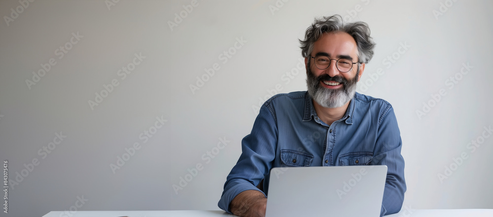 Poster a man with a beard and glasses is sitting at a desk with a laptop. he is smiling and he is happy. a 