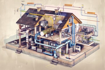 Detailed Diagram of House Plumbing System with Highlighted Inspection Areas - Design for Educational Use
