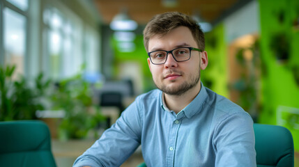 A man wearing glasses and a blue shirt sits in a green chair. He is looking directly at the camera. brutal handsome young man of European type, average man with broad shoulders