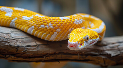 Fototapeta premium A yellow and white venomous snake with a pit on its face rests on a branch.