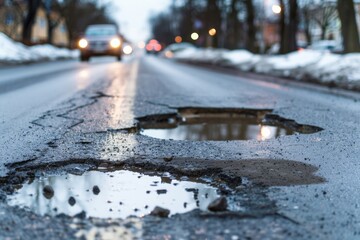 Badly damaged asphalt road with frequent potholes - traffic hazards - infrastructure maintenance - public safety