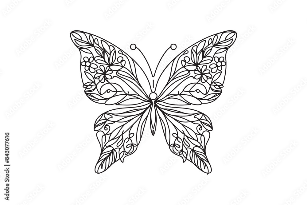 Wall mural graphic illustration of a butterfly in one line. line drawing