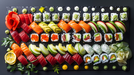 Colorful sushi platter with various pieces of sashimi and maki rolls arranged on a black slate background