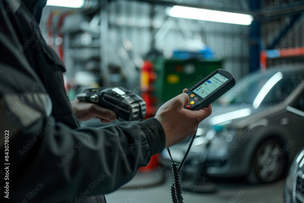 Poster mechanic diagnosing vehicle issues with handheld scanner in a modern garage setting