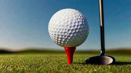Golf ball and club are on grass and sky background