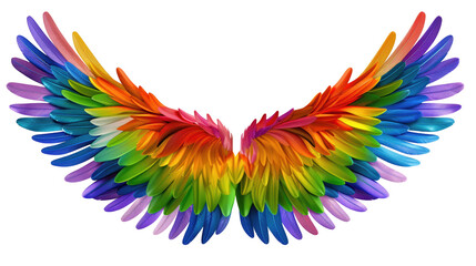 A pair of vibrant, rainbow-colored wings with feathers arranged in a layered pattern.