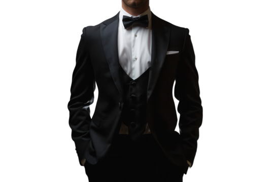 A man in a classic black tuxedo with a bow tie, hands in pockets, standing against a dark background. - Powered by Adobe