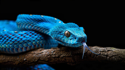 Blue viper snake on a branch with a black background, ready to strike. Close-up of a blue insularis snake.