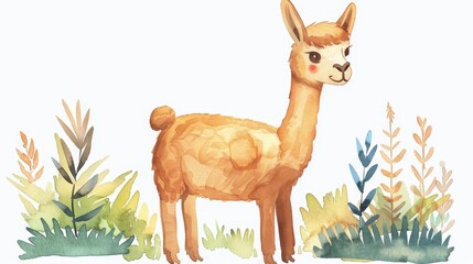 Cute cartoon llama. Watercolor illustration.