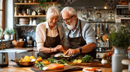 Elderly couple preparing a heart-healthy fish dish in a modern kitchen
