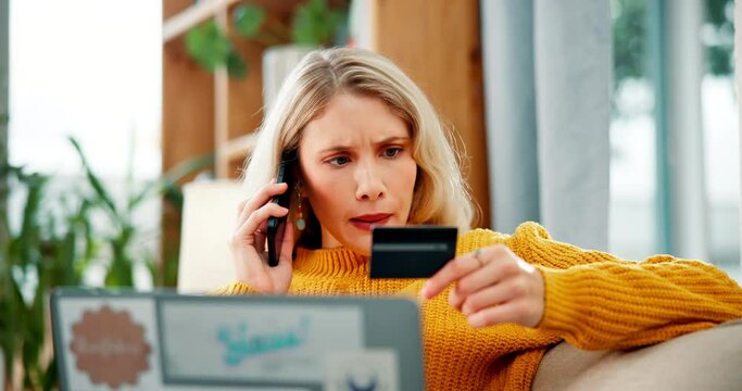 Frustrated woman, laptop and phone call with credit card for fraud, wrong transaction or mistake at home. Upset female person or shopper talking on mobile smartphone for online shopping scam or issue