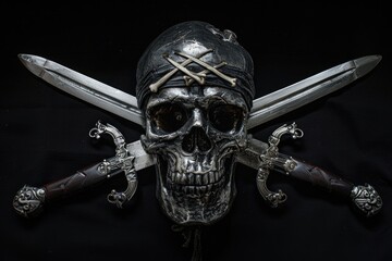 Fototapeta premium Skull Pirate. Buccaneer's Symbol with Ancient Swords on Black Background