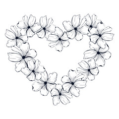 A black ink poppies flower heart wreath with a bud. Line art floral wreath for card or invitations, delicate hand drawn vector frame