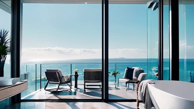 A modern beach house bathroom with whitewashed wood paneling, a walk-in shower with turquoise tile walls, and a freestanding bathtub overlooking the ocean