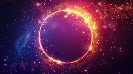 Christmas Circle Frame. Modern Neon Light Round Frame with Sparkling Stars