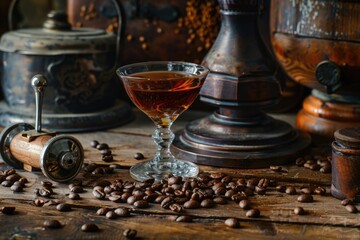 Coffee Wine. Cup of Coffee and Cognac Glass on Wooden Table with Italian Decorative Spices