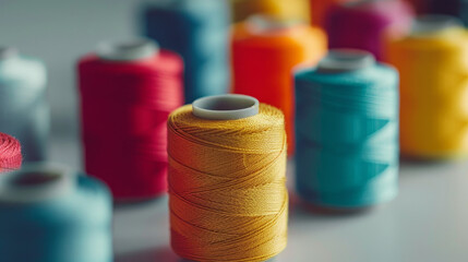 Colorful spools of thread rest on a plain white surface, ready to sew.