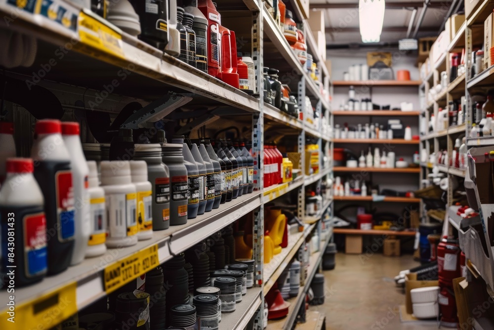 Poster organized auto parts store with neatly arranged shelves for efficient browsing and purchasing