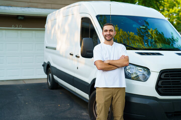 Portrait of happy man with arms crossed while standing by van