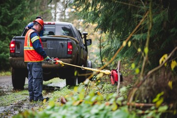 Roadside Assistance: Tow Truck Driver Utilizing Winch to Retrieve Stuck Car from Ditch on Forest Road