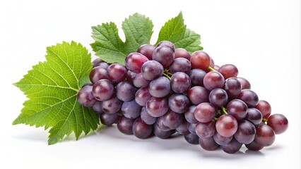 Fototapeta premium A bunch of black grapes with leaves on a white background