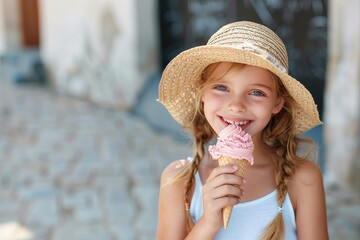 Happy child in a straw hat licking an ice cream cone on a sunny street