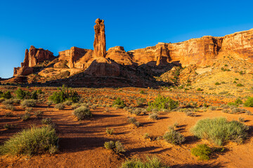 The desert area of Arches National Park near Moab in Utah in the morning after sunrise. 