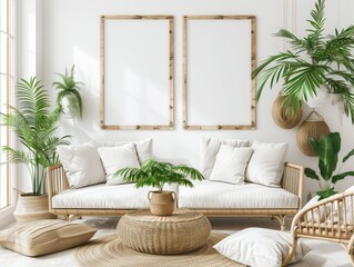Frame Mockup With Plants. Scandinavian Farmhouse Living Room Interior with White Walls and Greenery