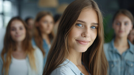 Obraz premium Smiling young woman with clear blue eyes stands out in a group of friends