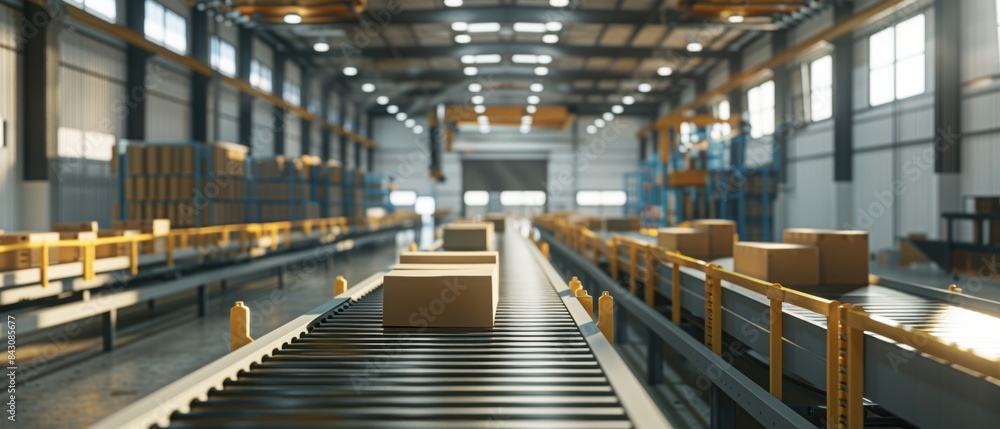 Aufkleber boxes on a conveyor belt in a warehouse. the image depicts an industrial setting with automation and